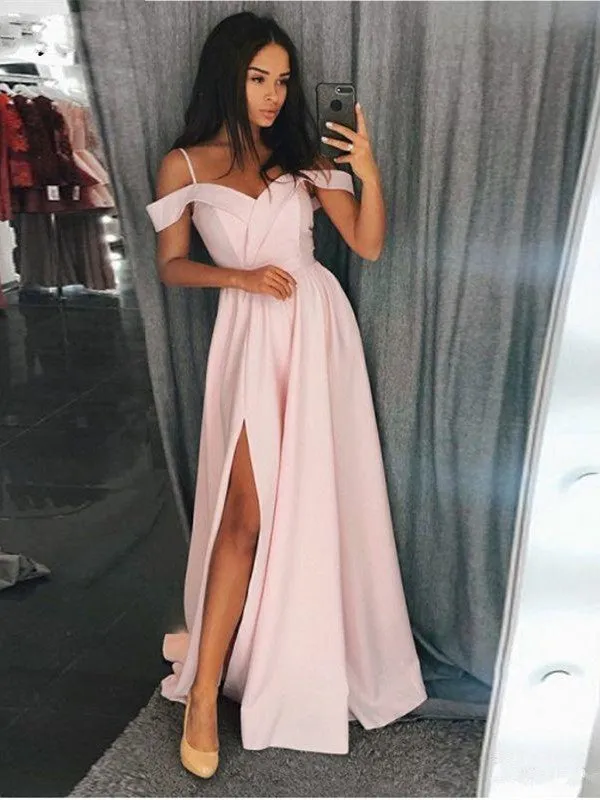 Custom Made Off Shoulder Pink/Grey Prom, Pink/Grey Formal with Leg Slit, Graduation