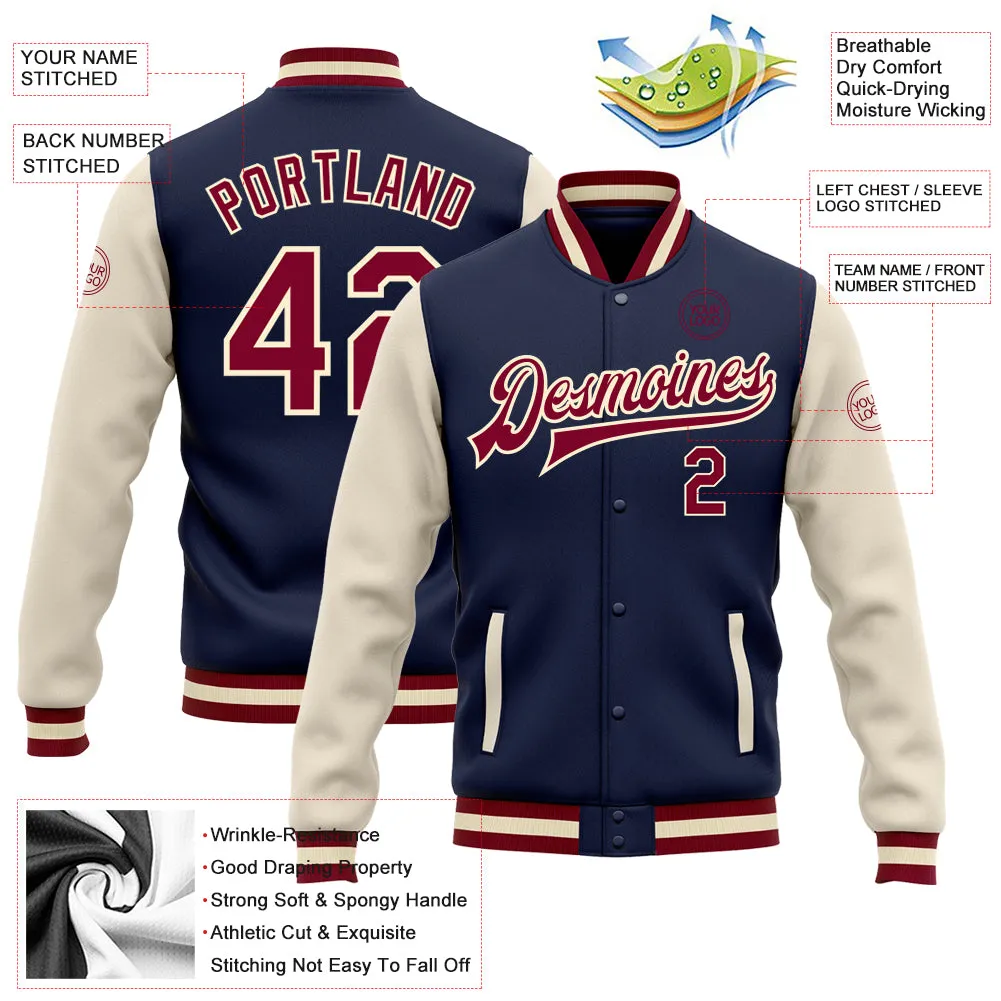 Custom Navy Maroon-Cream Bomber Full-Snap Varsity Letterman Two Tone Jacket