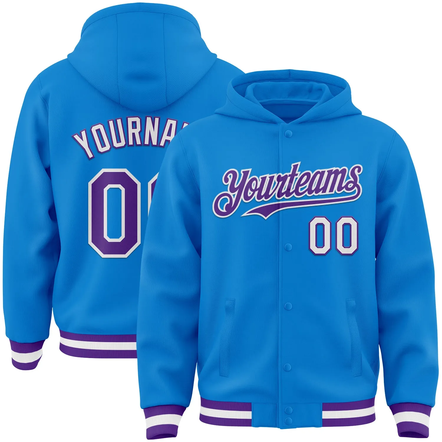 Custom Powder Blue Purple-White Bomber Full-Snap Varsity Letterman Hoodie Jacket