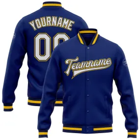 Custom Royal White Navy-Gold Bomber Full-Snap Varsity Letterman Jacket