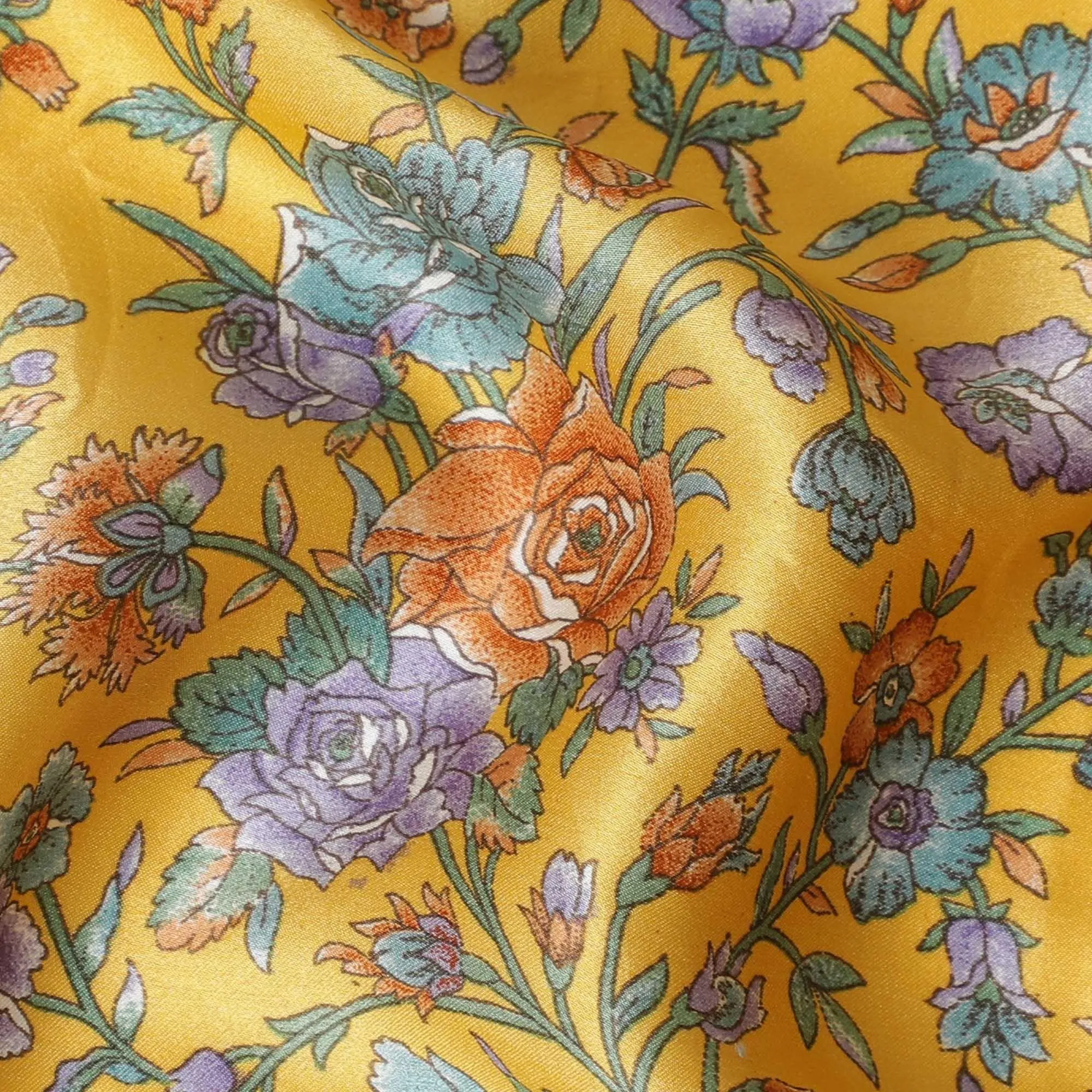 Dandelion yellow silk satin fabric with green, orange & violet prints in floral design-D11141