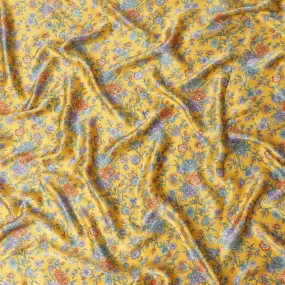 Dandelion yellow silk satin fabric with green, orange & violet prints in floral design-D11141