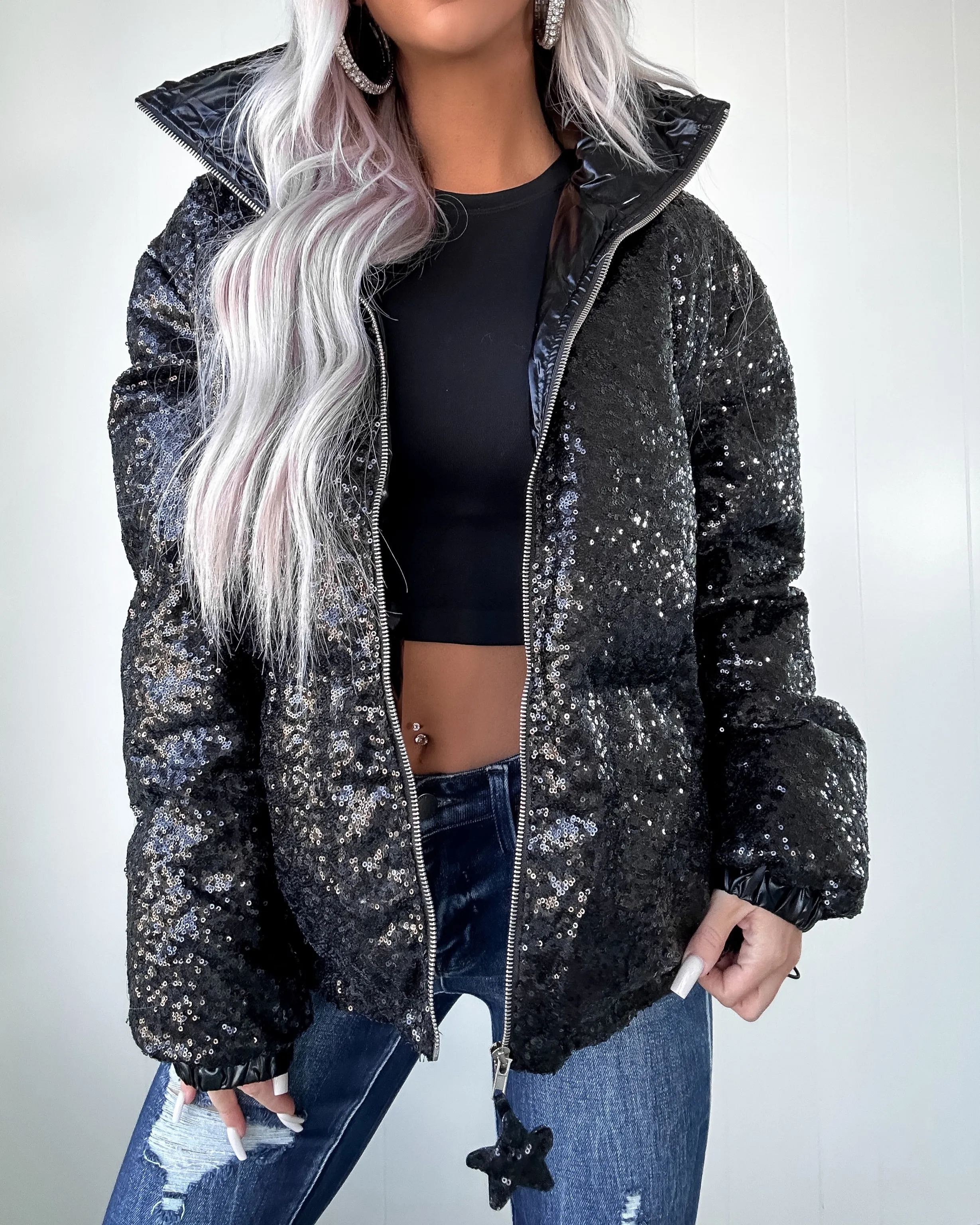 DOORBUSTER Black Sequin Puffer Jacket