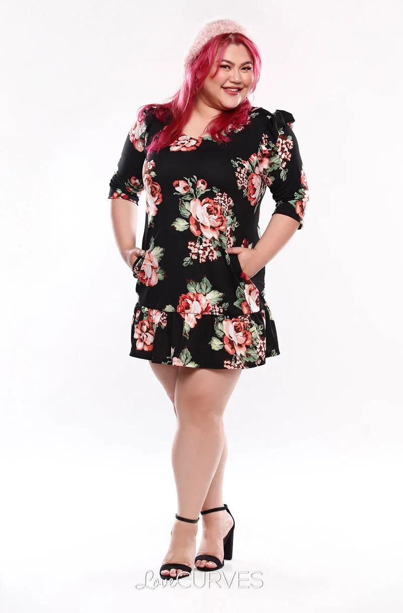 Drop Waist Ruffle Dress -Black Blossoms - KDR