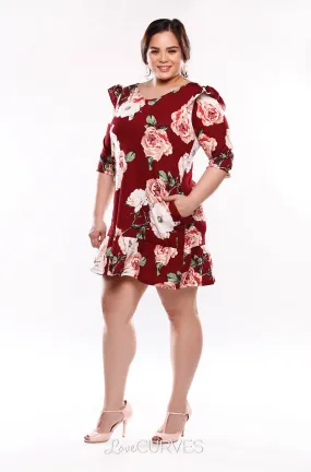 Drop Waist Ruffle Dress - Maroon Blossoms - KDR