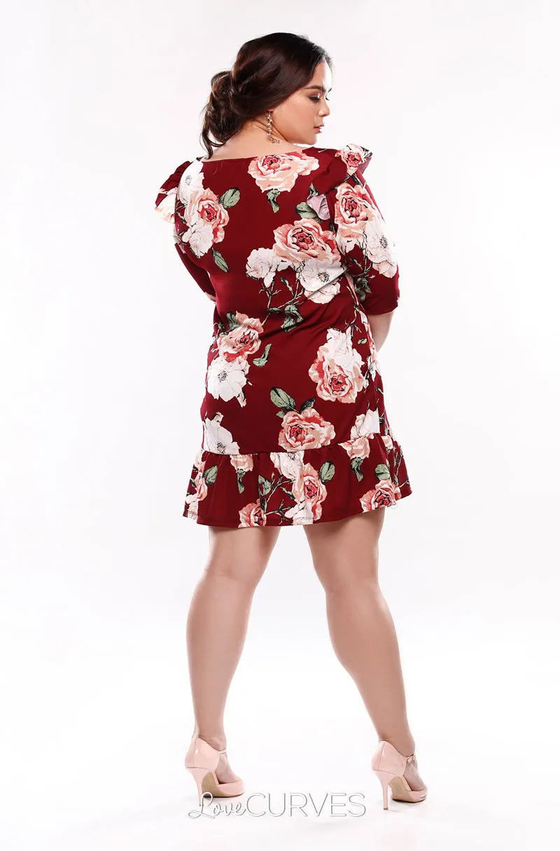 Drop Waist Ruffle Dress - Maroon Blossoms - KDR