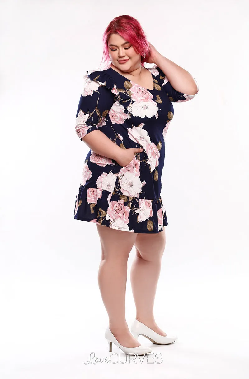 Drop Waist Ruffle Dress -Navy Blossoms - KDR