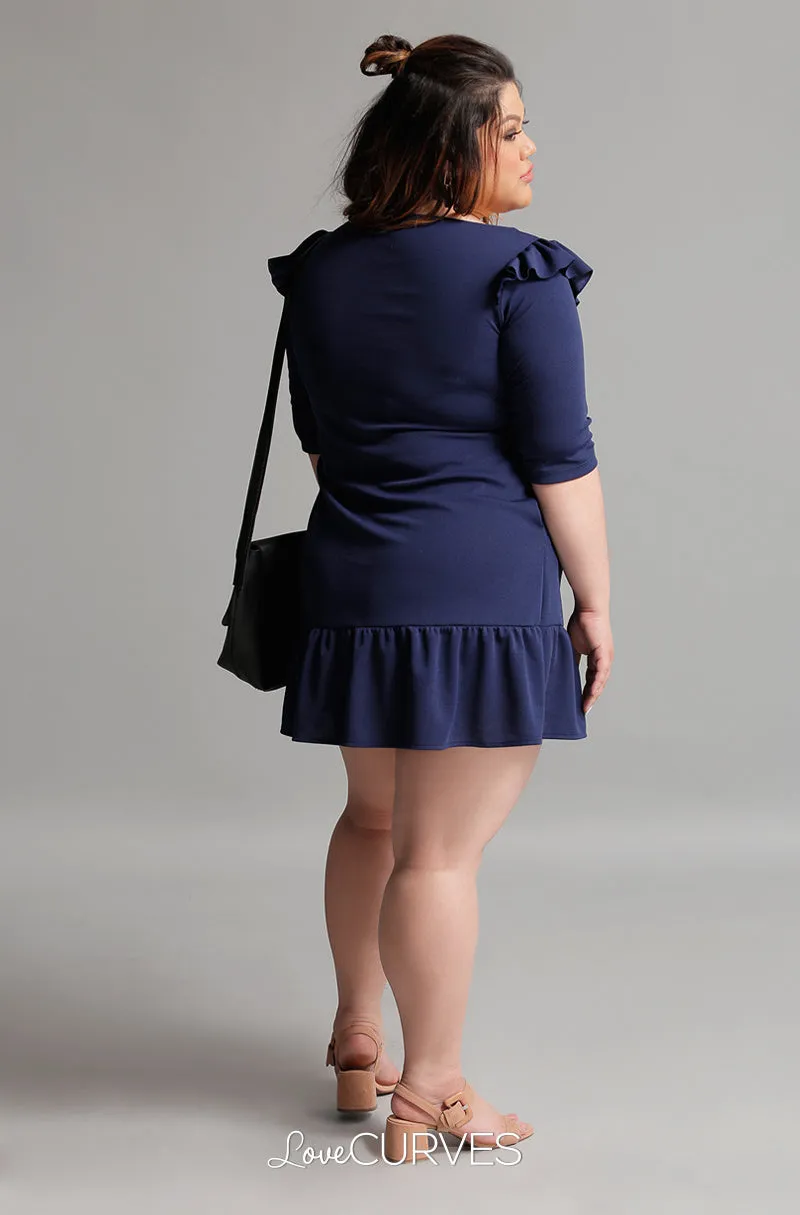 Drop Waist Ruffle Dress - Navy Blue