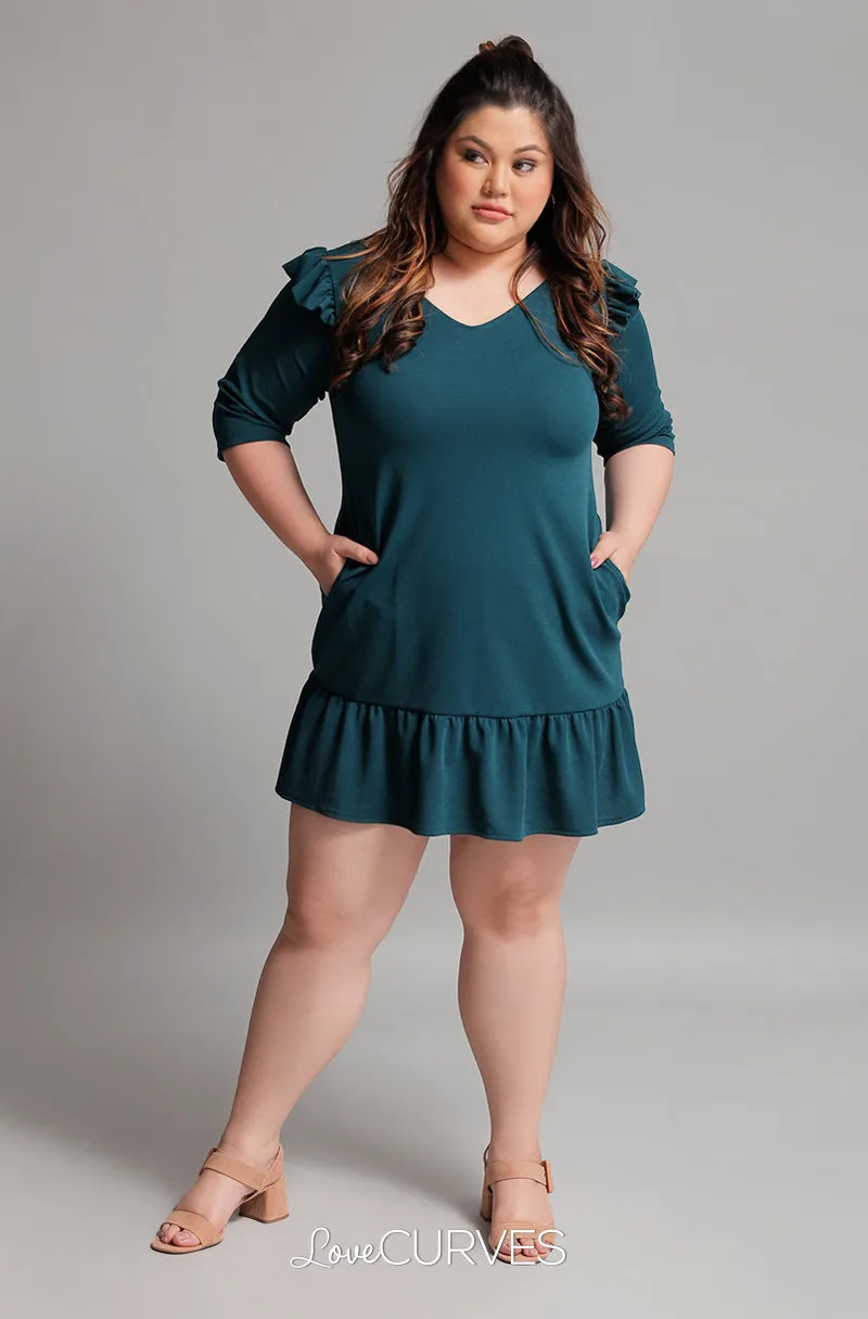 Drop Waist Ruffle Dress - Pine Green