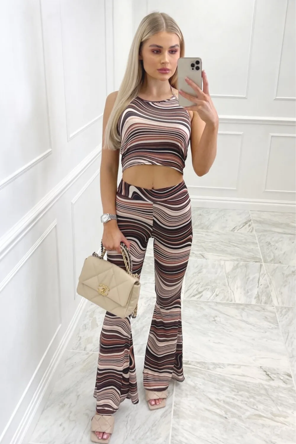 Eedie mocha marble tie neck crop top