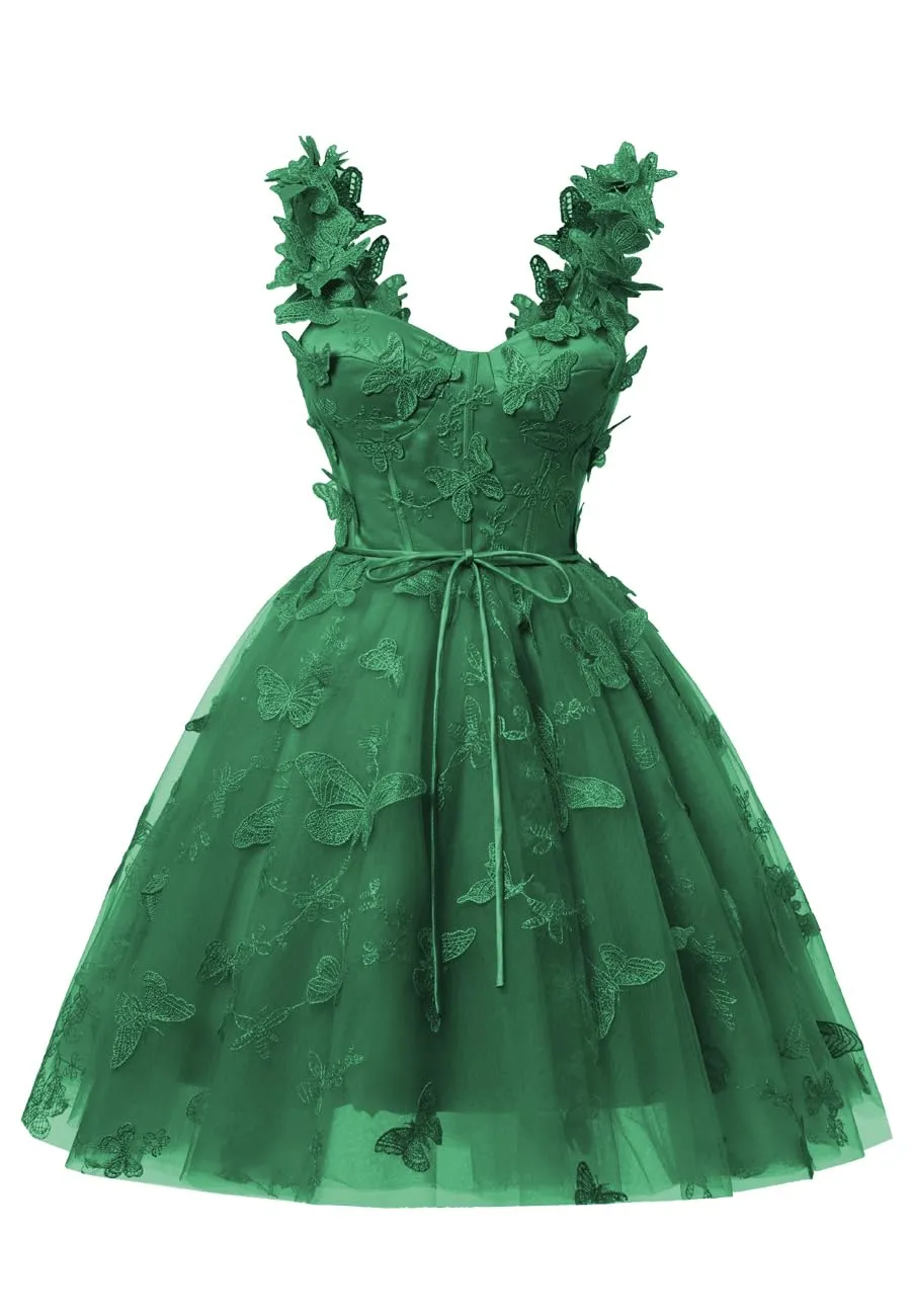 Emerald Green 3D Butterfly Lace Applique Tulle Homecoming Dress for Teens Sweetheart Mini Short Prom Dresses