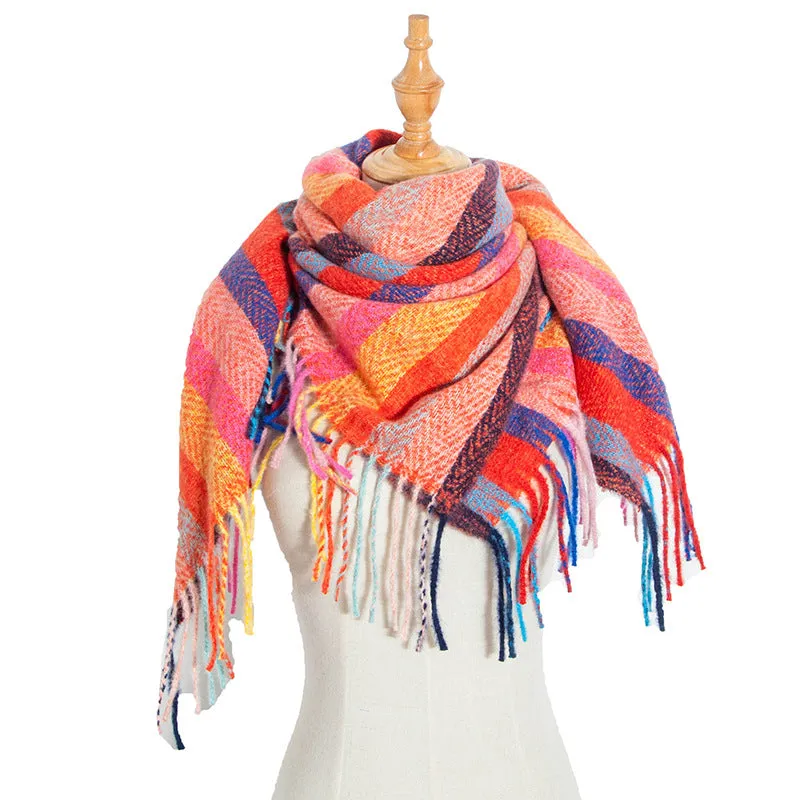 Europe and the United States new round yarn striped lattice polyester long tassel barbed hair square scarf women's men's scarf shawl