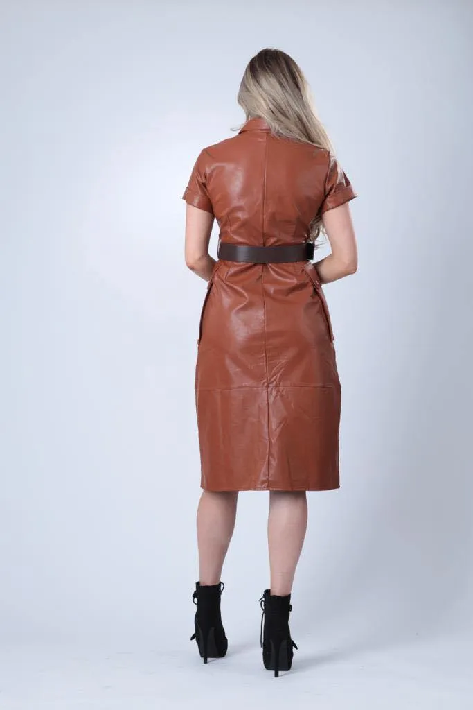 Faux Leather Midi Dress in Brown