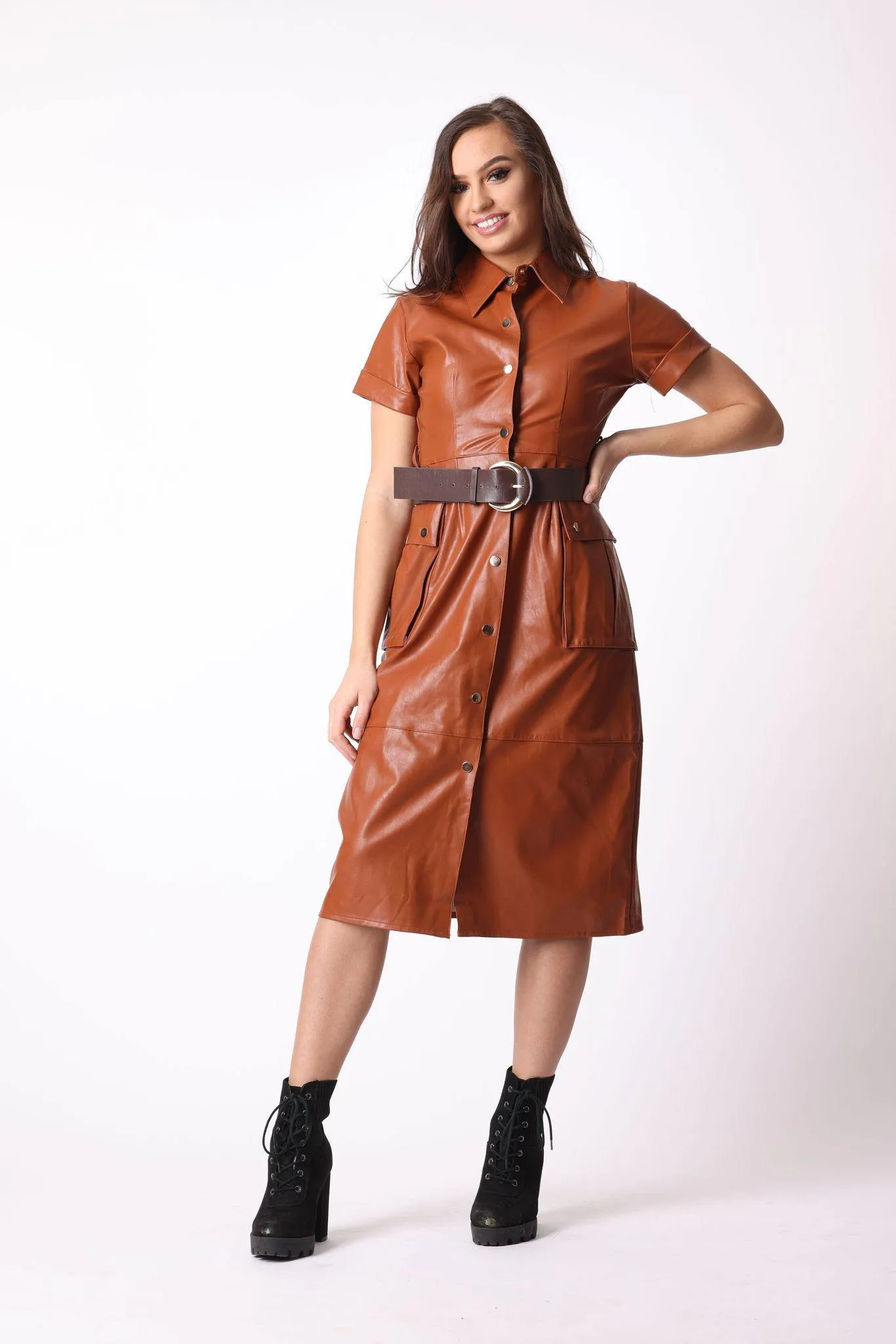 Faux Leather Midi Dress in Brown