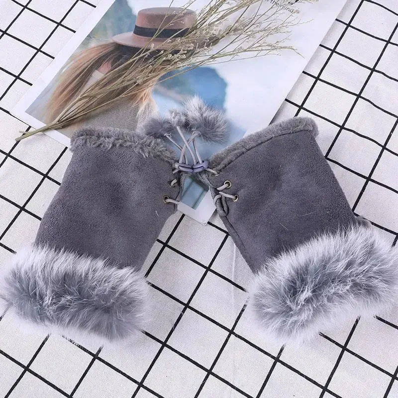 Faux Rabbit Fur Fingerless Winter Warmer Gloves