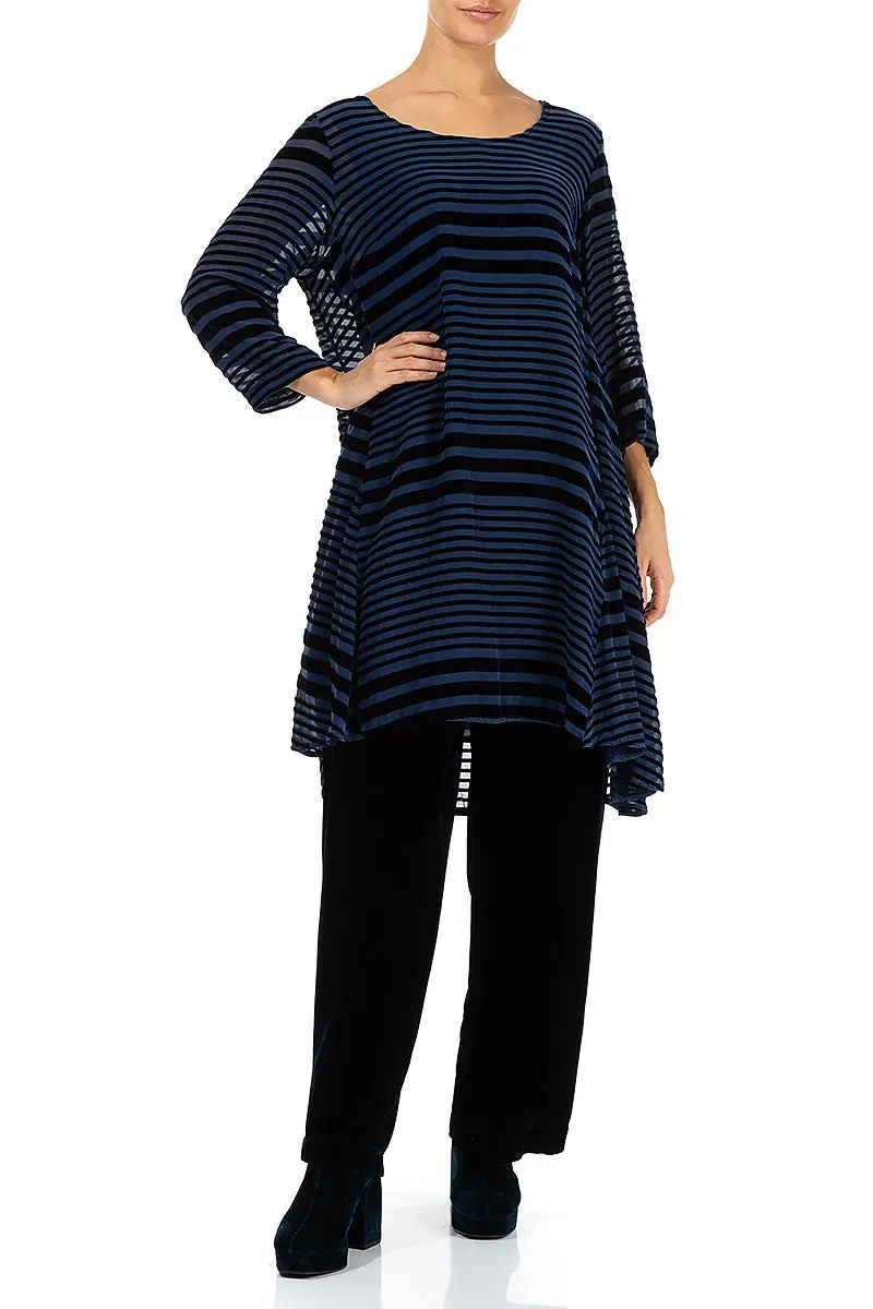 Flared Striped Devoré Navy Silk Velvet Tunic Dress