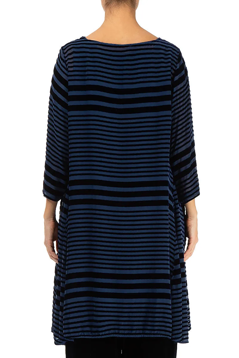 Flared Striped Devoré Navy Silk Velvet Tunic Dress