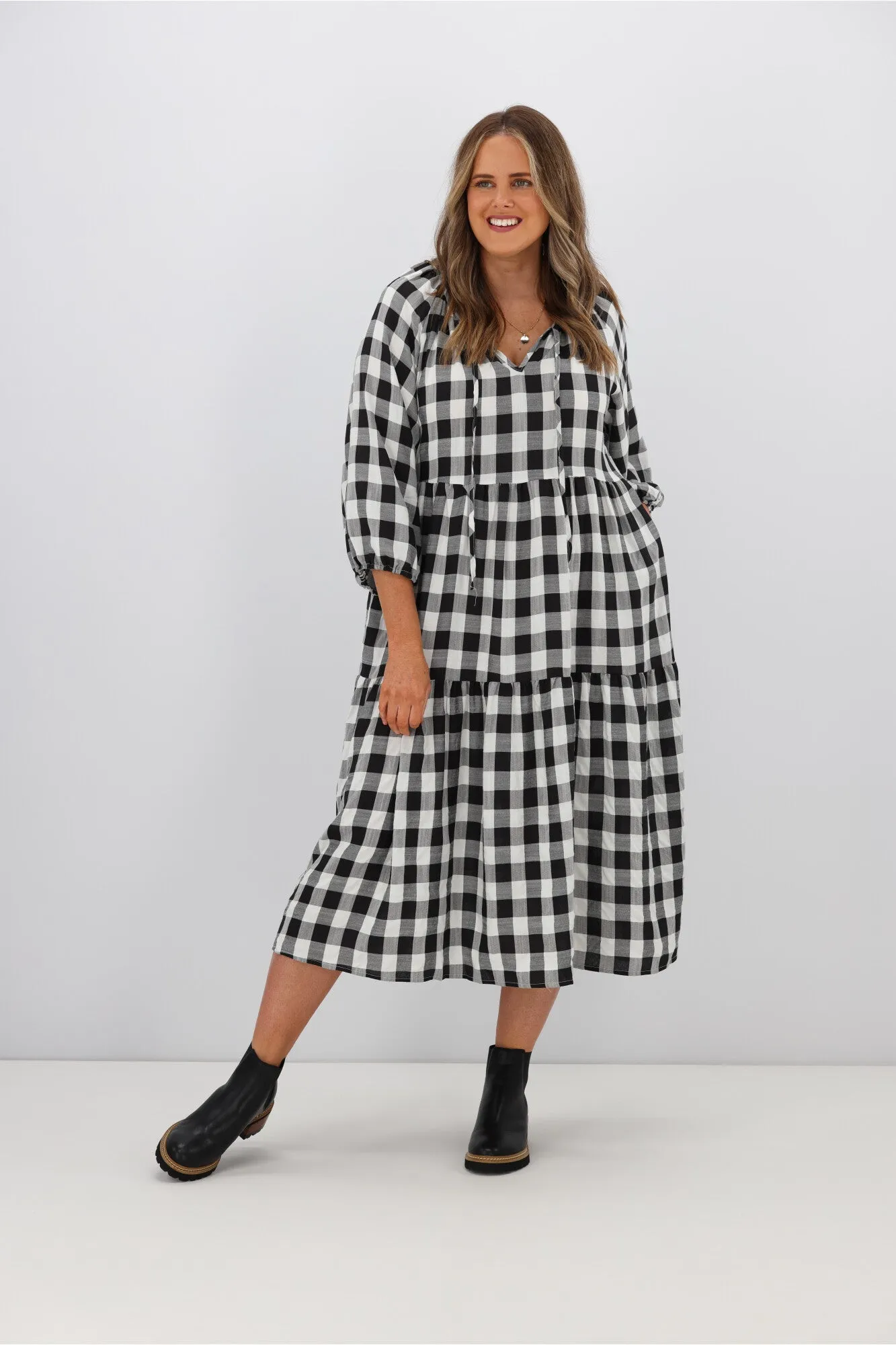 Fria Sammy Gingham 2 Tier Midi Dress Black