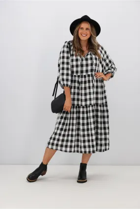 Fria Sammy Gingham 2 Tier Midi Dress Black