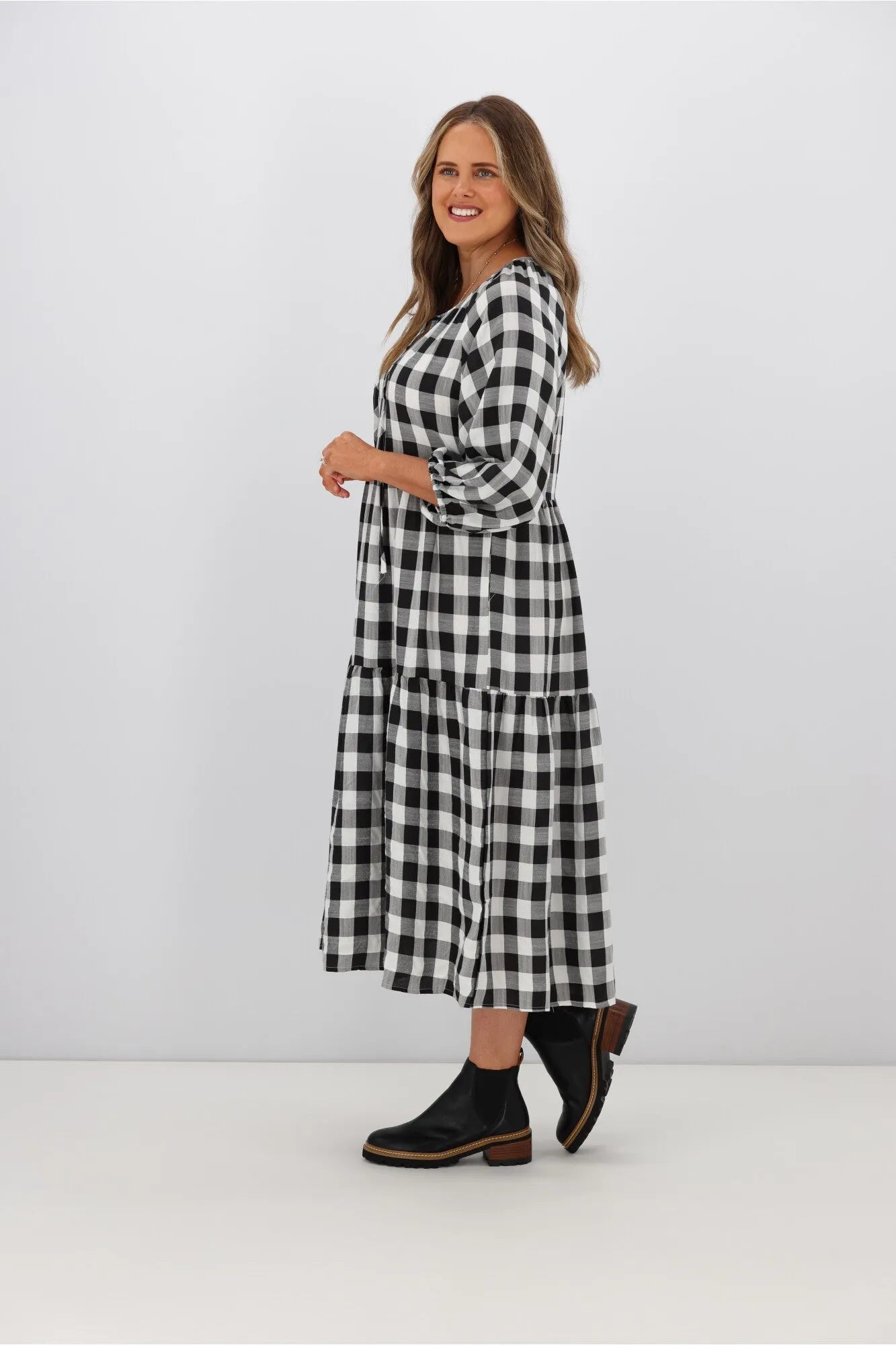 Fria Sammy Gingham 2 Tier Midi Dress Black