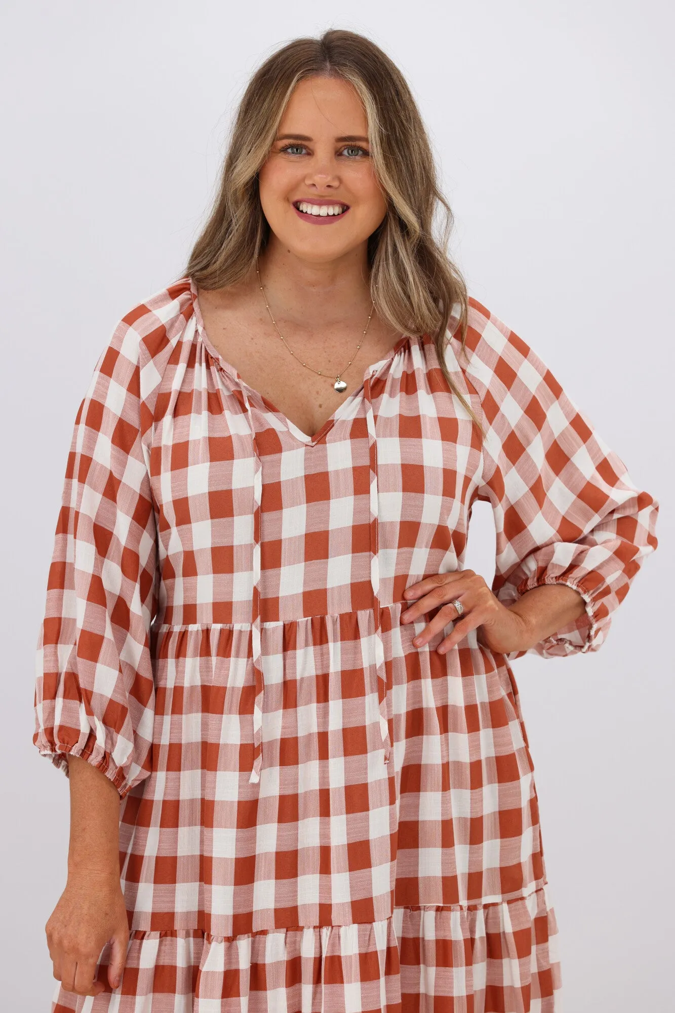 Fria Sammy Gingham 2 Tier Midi Dress Tan