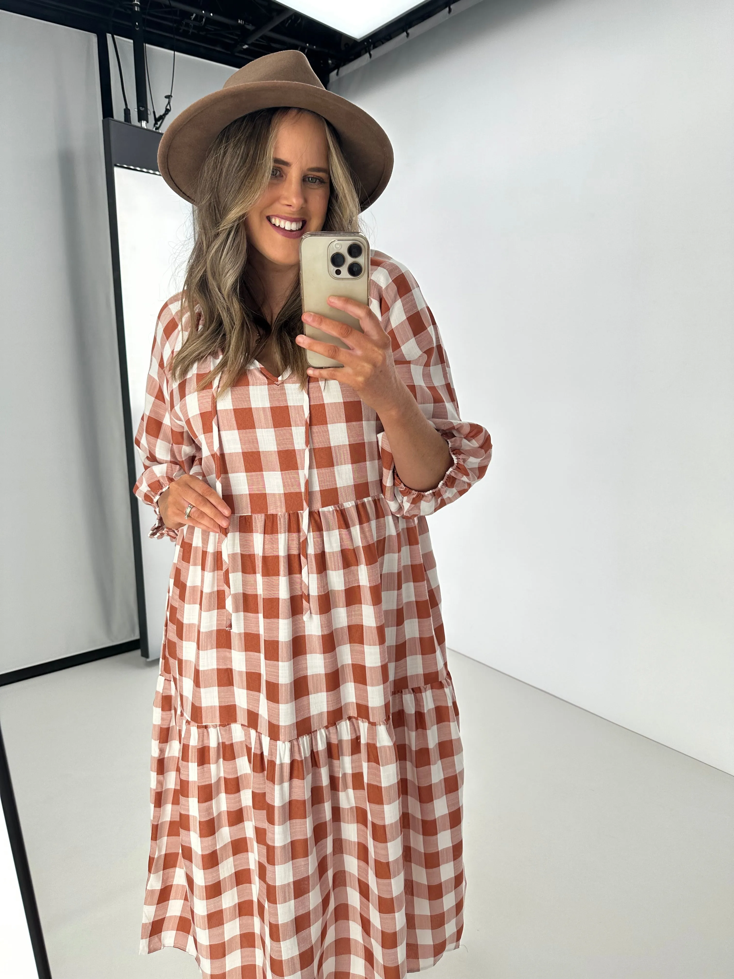 Fria Sammy Gingham 2 Tier Midi Dress Tan