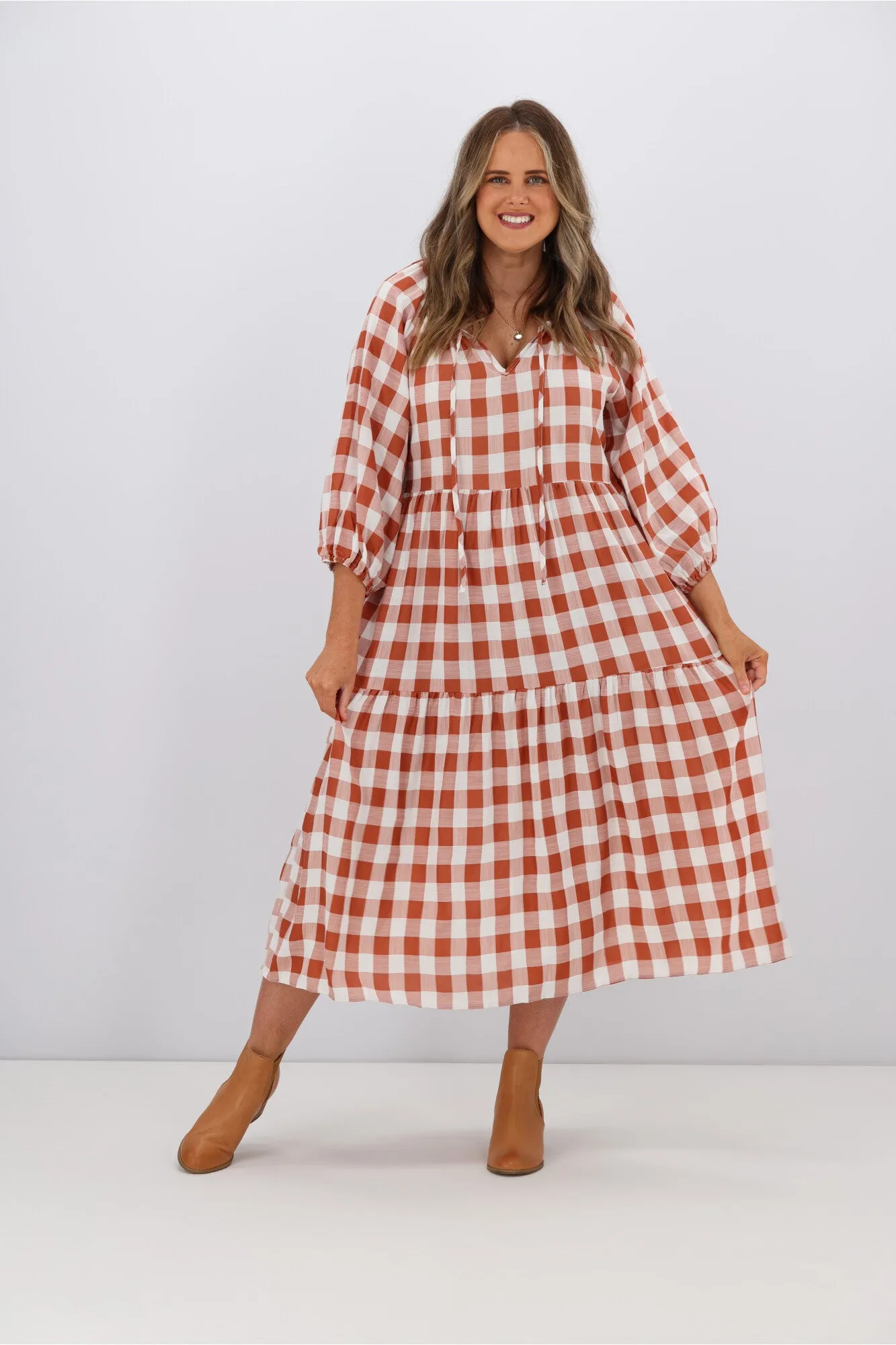 Fria Sammy Gingham 2 Tier Midi Dress Tan