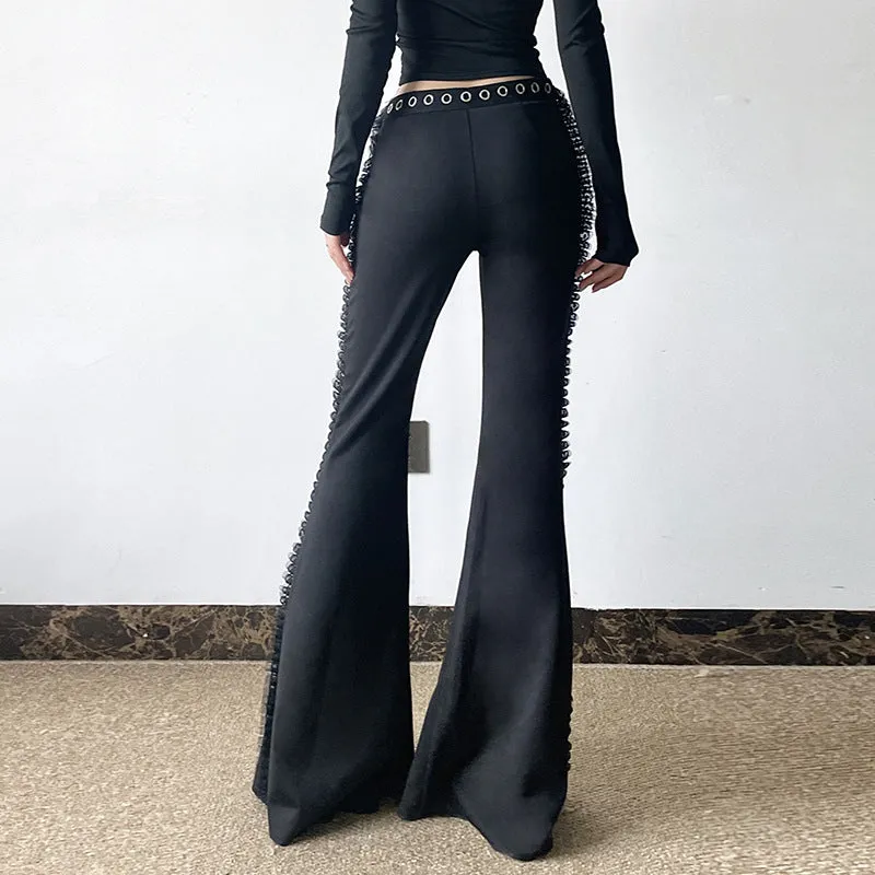 Girlary-shop creepy pasta dress to impress Heavy Industry Design V-Shaped Waist Lace Stitching Flared Pants Sweet Cool Dark Style Personalized Metal Decorative Low Waist Casual Pants