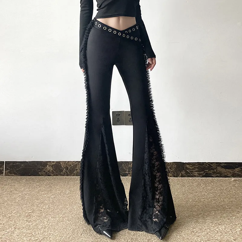 Girlary-shop creepy pasta dress to impress Heavy Industry Design V-Shaped Waist Lace Stitching Flared Pants Sweet Cool Dark Style Personalized Metal Decorative Low Waist Casual Pants