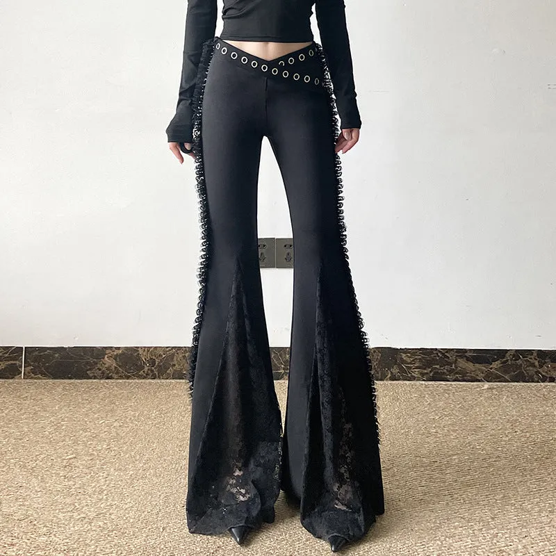 Girlary-shop creepy pasta dress to impress Heavy Industry Design V-Shaped Waist Lace Stitching Flared Pants Sweet Cool Dark Style Personalized Metal Decorative Low Waist Casual Pants