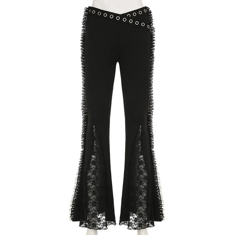 Girlary-shop creepy pasta dress to impress Heavy Industry Design V-Shaped Waist Lace Stitching Flared Pants Sweet Cool Dark Style Personalized Metal Decorative Low Waist Casual Pants