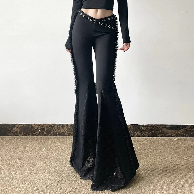 Girlary-shop creepy pasta dress to impress Heavy Industry Design V-Shaped Waist Lace Stitching Flared Pants Sweet Cool Dark Style Personalized Metal Decorative Low Waist Casual Pants