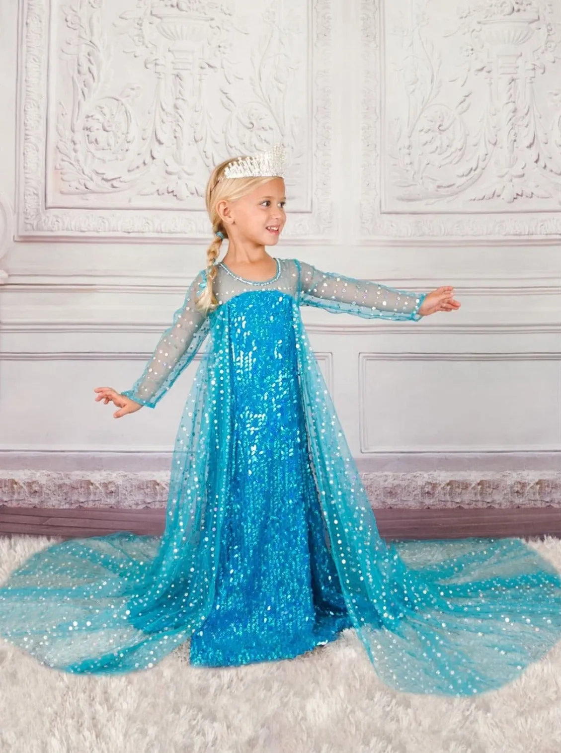 Girls Frozen Inspired Elsa Dazzle Costume Gown With Train