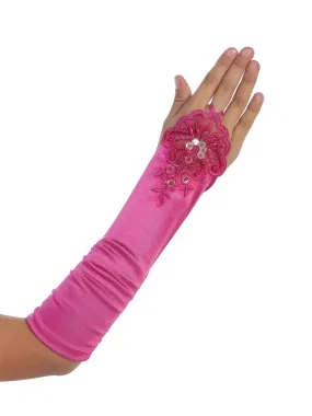 Girls Fuchsia Floral Embroidery Fingerless Long Special Occasion Gloves 4-14