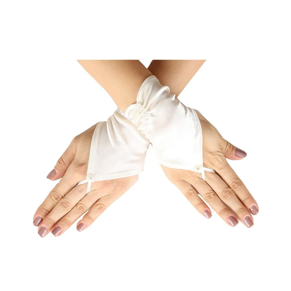 Girls Ivory Fingerless Satin Pearl Accented Communion Flower Girl Gloves