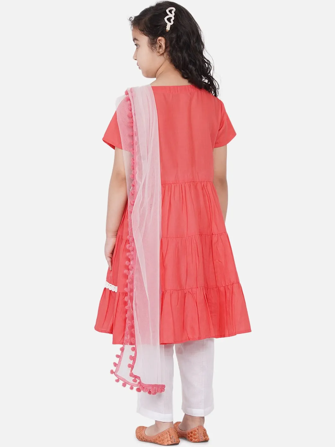 Girls Peach-Coloured Embroidered Kurta With Dhoti Pants & With Dupatta