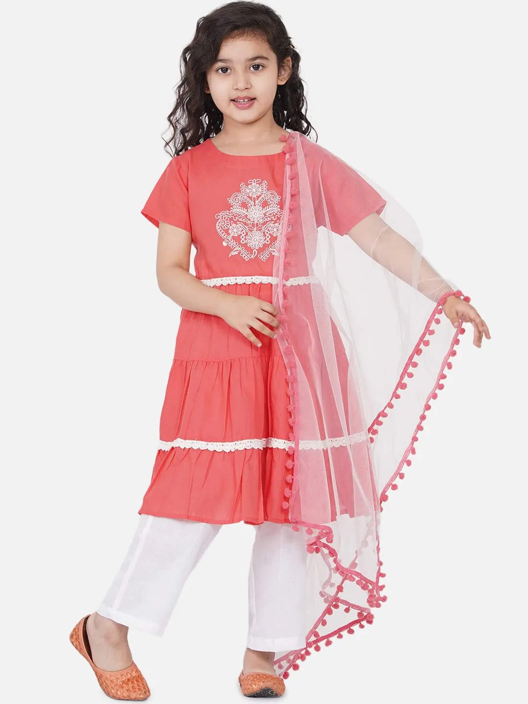 Girls Peach-Coloured Embroidered Kurta With Dhoti Pants & With Dupatta