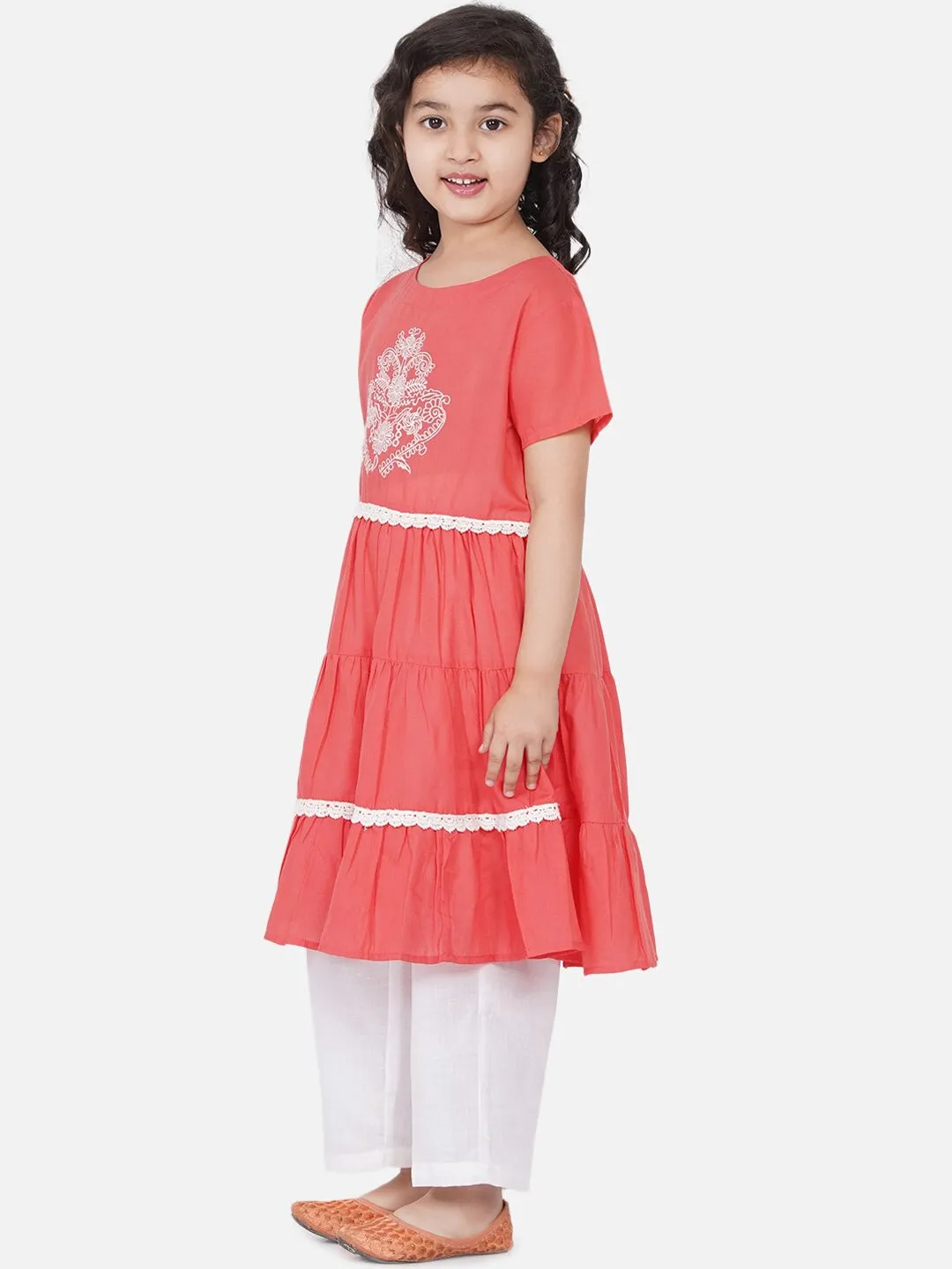 Girls Peach-Coloured Embroidered Kurta With Dhoti Pants & With Dupatta