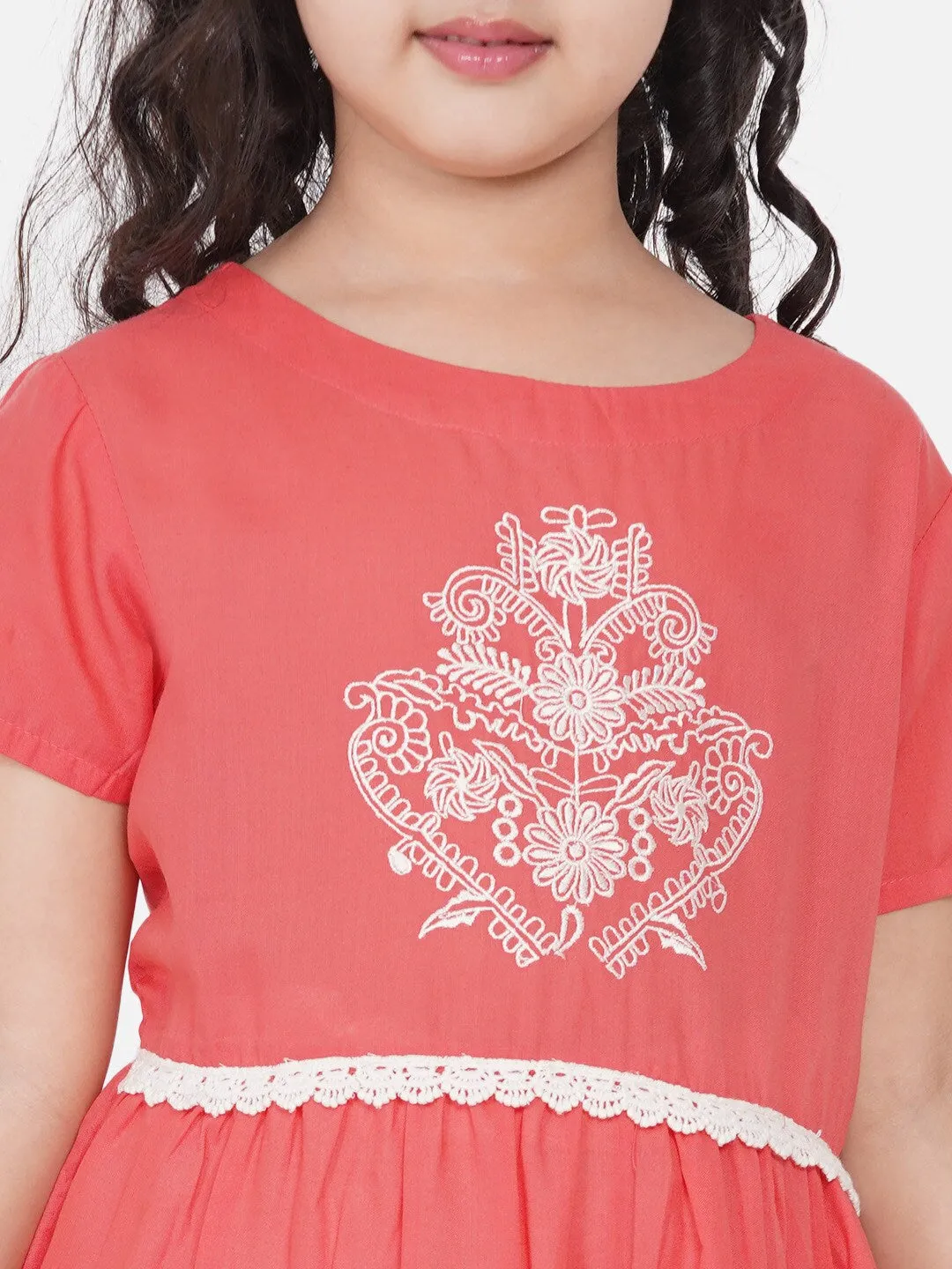 Girls Peach-Coloured Embroidered Kurta With Dhoti Pants & With Dupatta