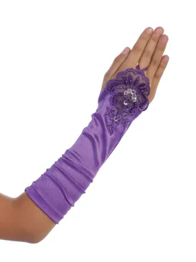 Girls Purple Floral Embroidery Fingerless Long Special Occasion Gloves 4-14