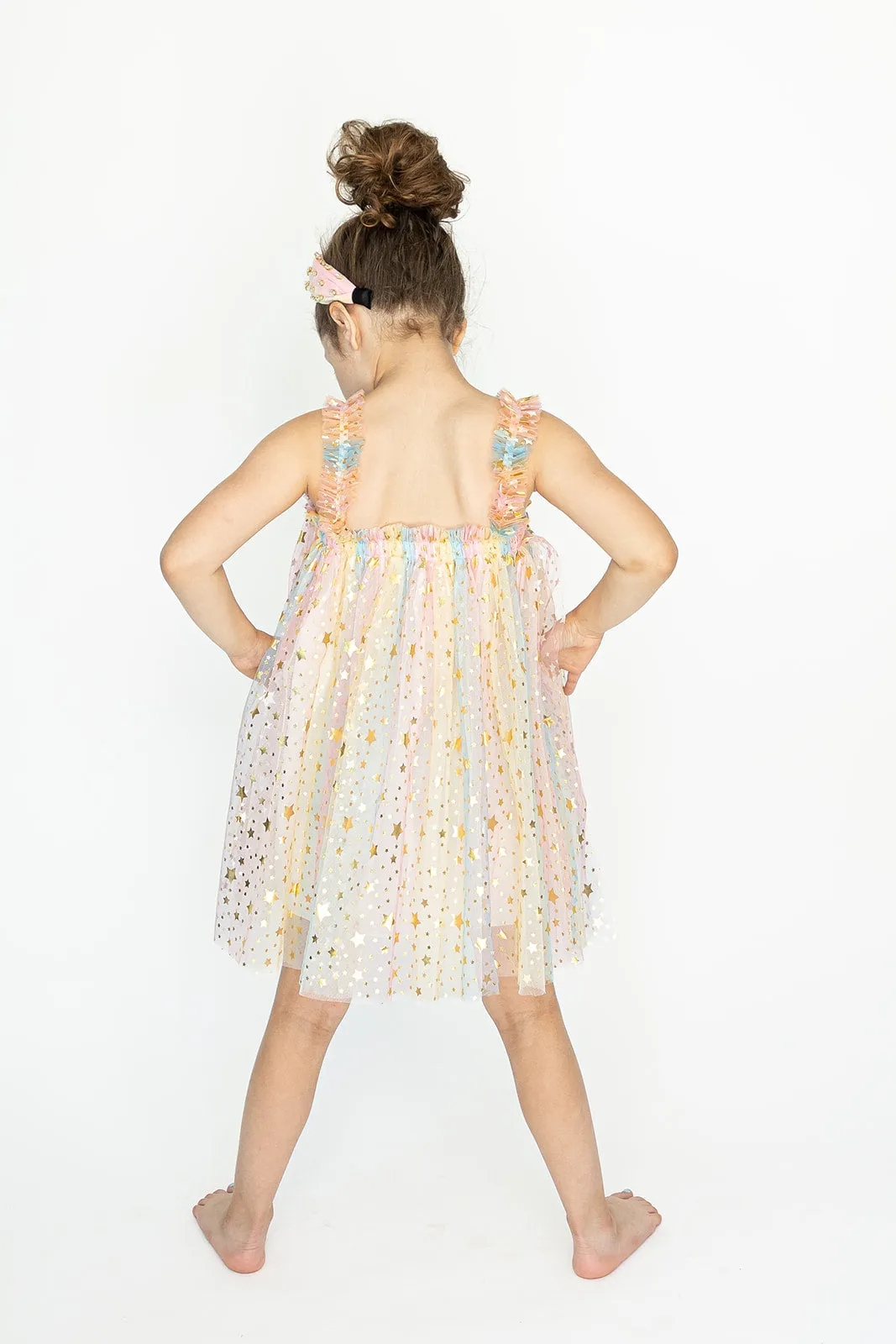 Girl's Rainbow Sparkly Tulle Metallic Star Twirl Dress