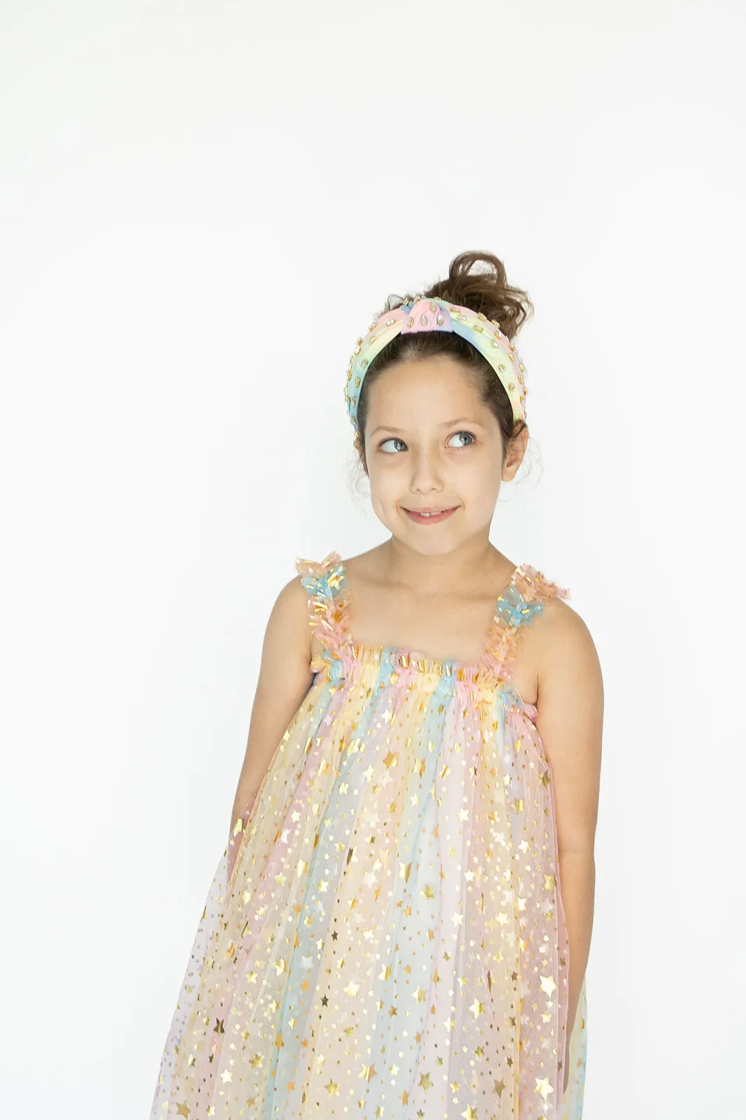 Girl's Rainbow Sparkly Tulle Metallic Star Twirl Dress