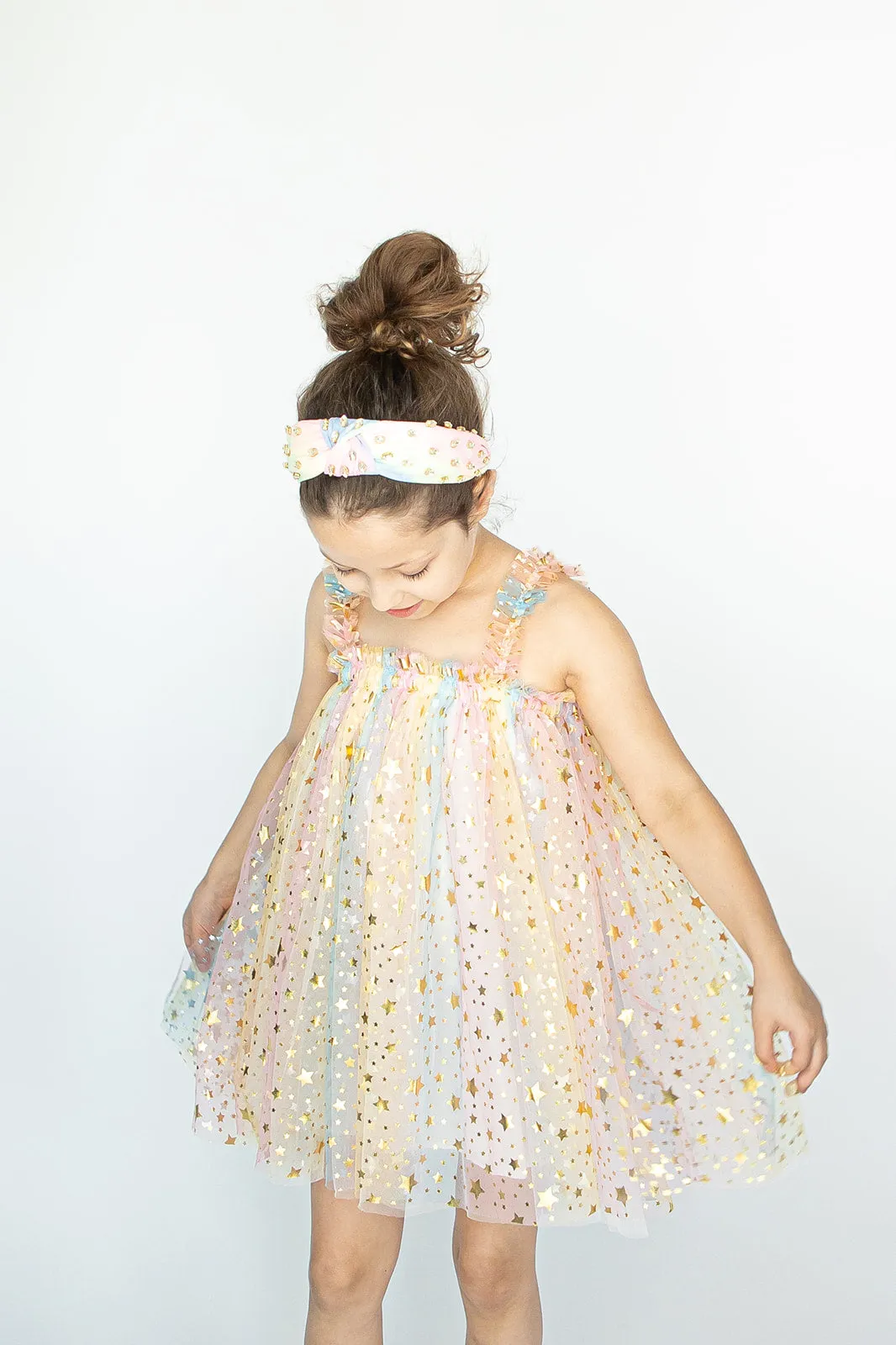 Girl's Rainbow Sparkly Tulle Metallic Star Twirl Dress