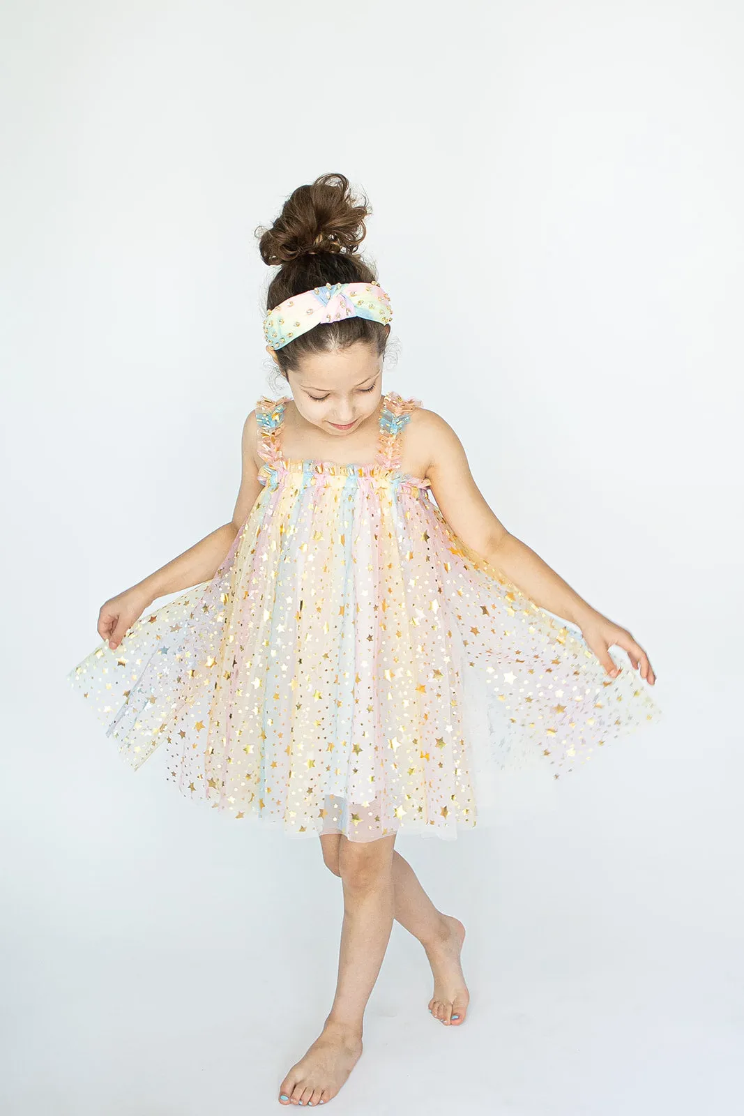 Girl's Rainbow Sparkly Tulle Metallic Star Twirl Dress