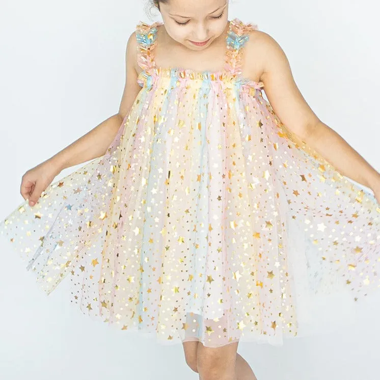 Girl's Rainbow Sparkly Tulle Metallic Star Twirl Dress