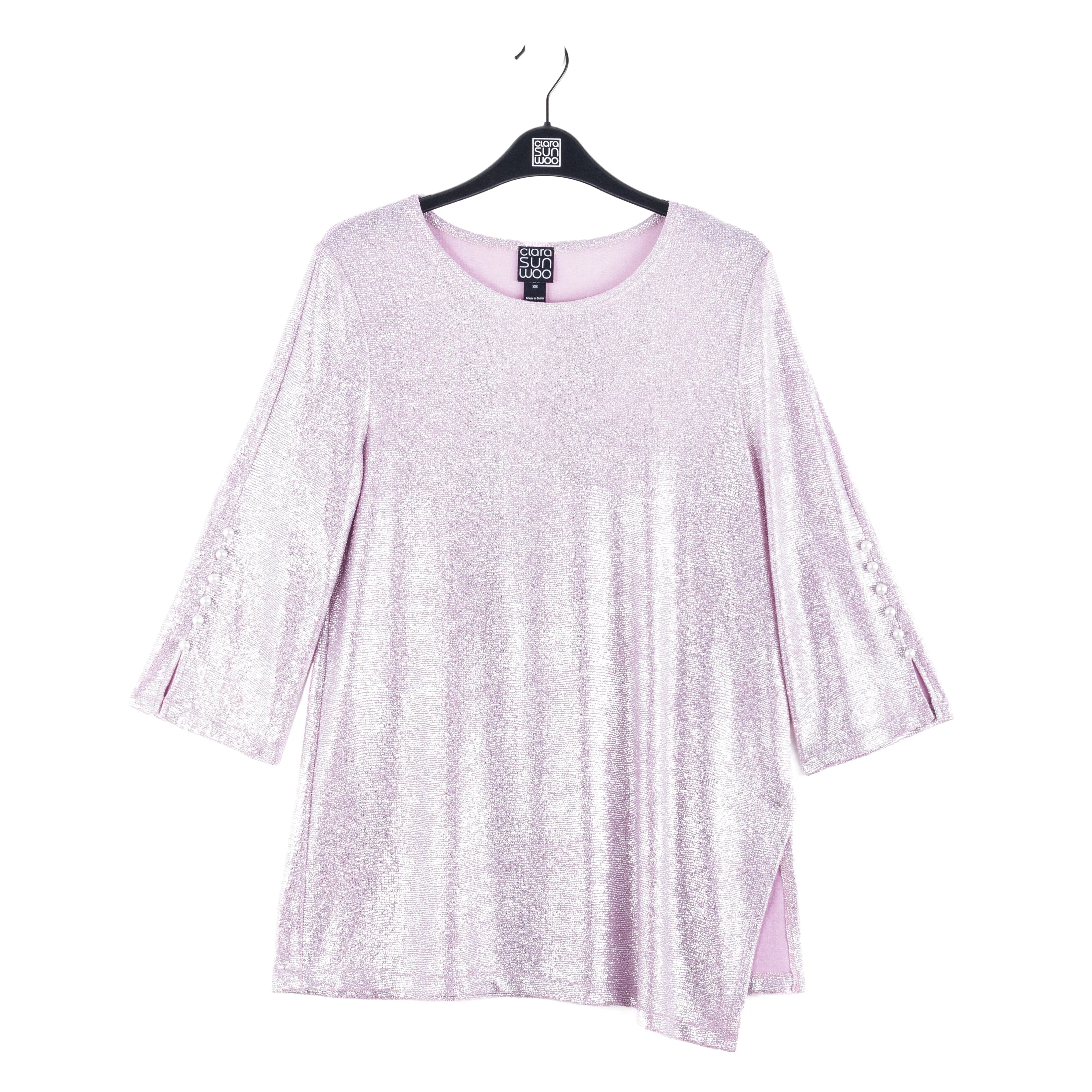 Glitter Foil - Pearl Cuff Asymmetrical Reverse Hi-Low Tunic - Pink