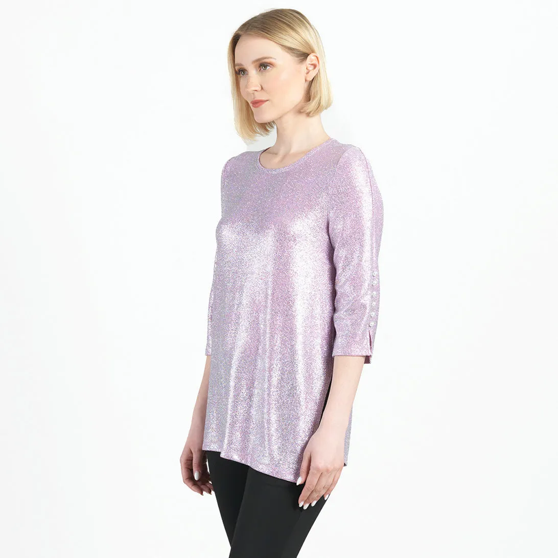 Glitter Foil - Pearl Cuff Asymmetrical Reverse Hi-Low Tunic - Pink