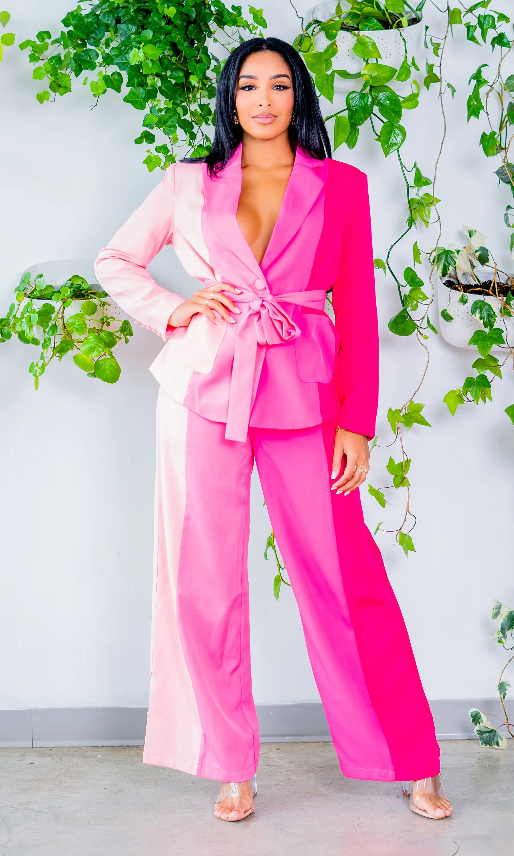 Got Her Own | Color Block Suit Set Pink