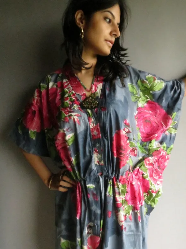 Gray Fuchsia Large Floral Blossom V-Neck Button Down to Waist, Ankle Length, Cinched Waist Caftan