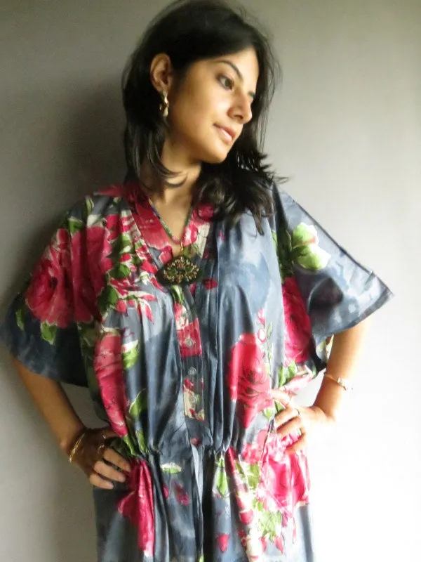 Gray Fuchsia Large Floral Blossom V-Neck Button Down to Waist, Ankle Length, Cinched Waist Caftan